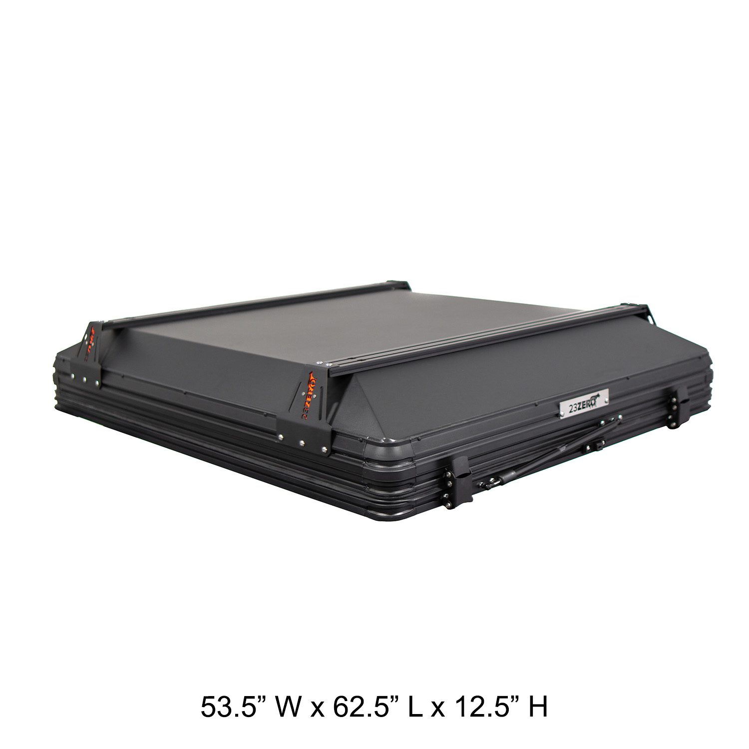 23Zero Armadillo AX2 Hard Shell Side Open Rooftop Tent Closed Angled View With Dimensions