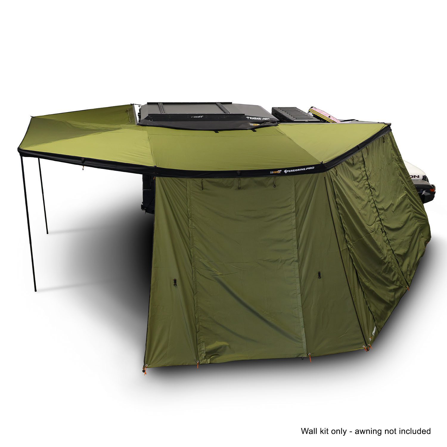 23Zero Peregrine Pro 270 Degree Awning Wall Kit With Screens on Jeep Gladiator Right Side Deployment Rear Side Open