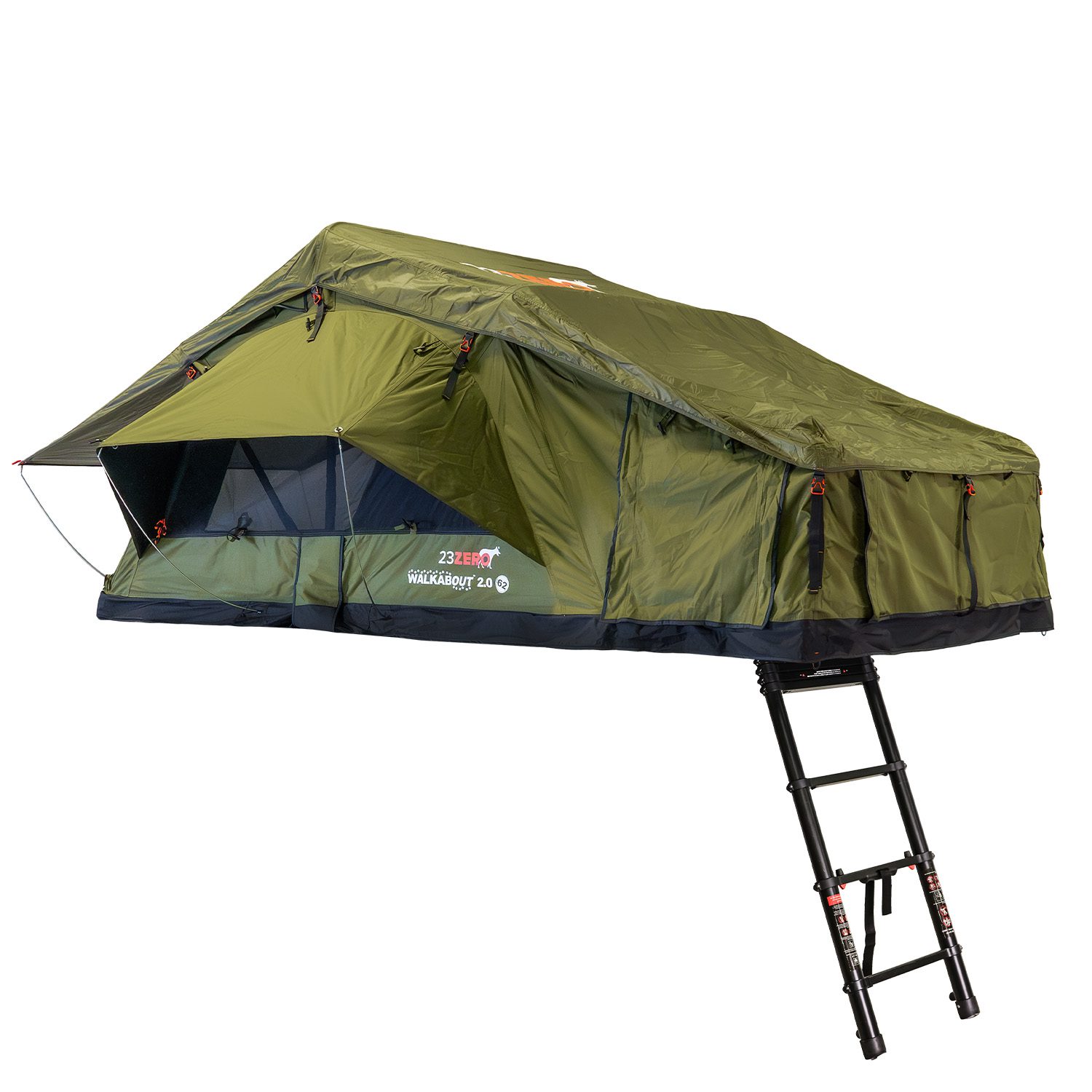 23Zero Walkabout 2.0 soft shell rooftop tent deployed right side, available in 56, 62, and 72 sizes