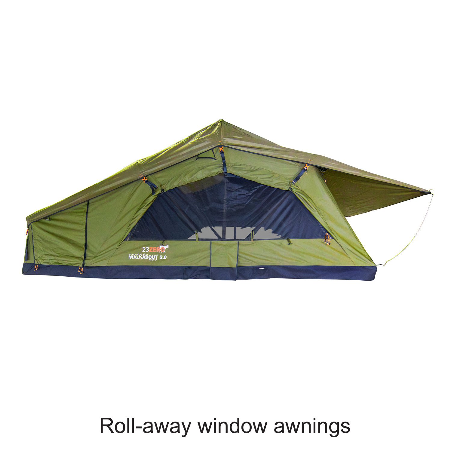 23Zero Walkabout 2.0 soft shell rooftop tent deployed side view, available in 56, 62, and 72 sizes roll away window awnings