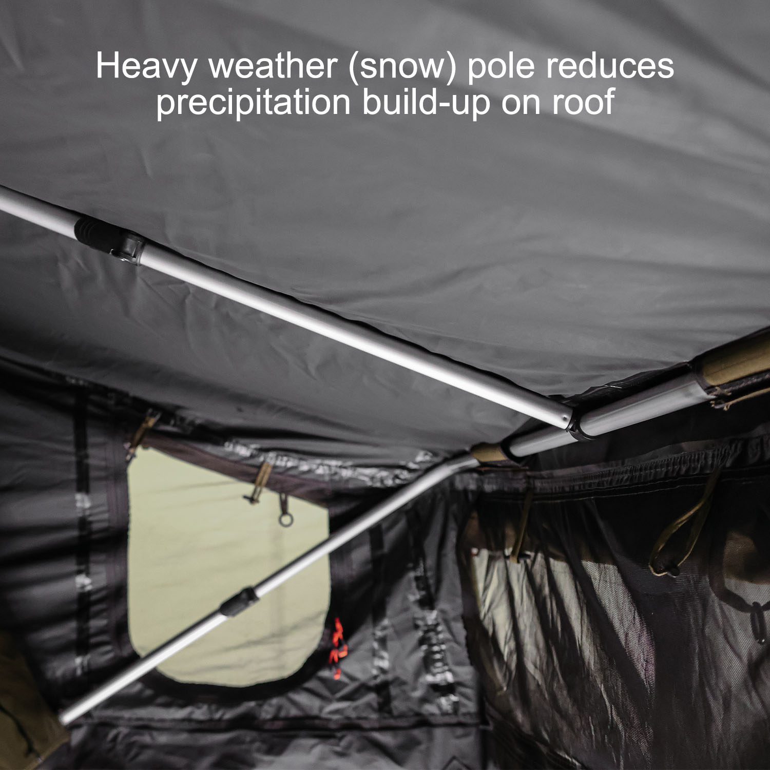 23Zero Walkabout 2.0 soft shell rooftop tent snow pole details, available in 56, 62, and 72 sizes