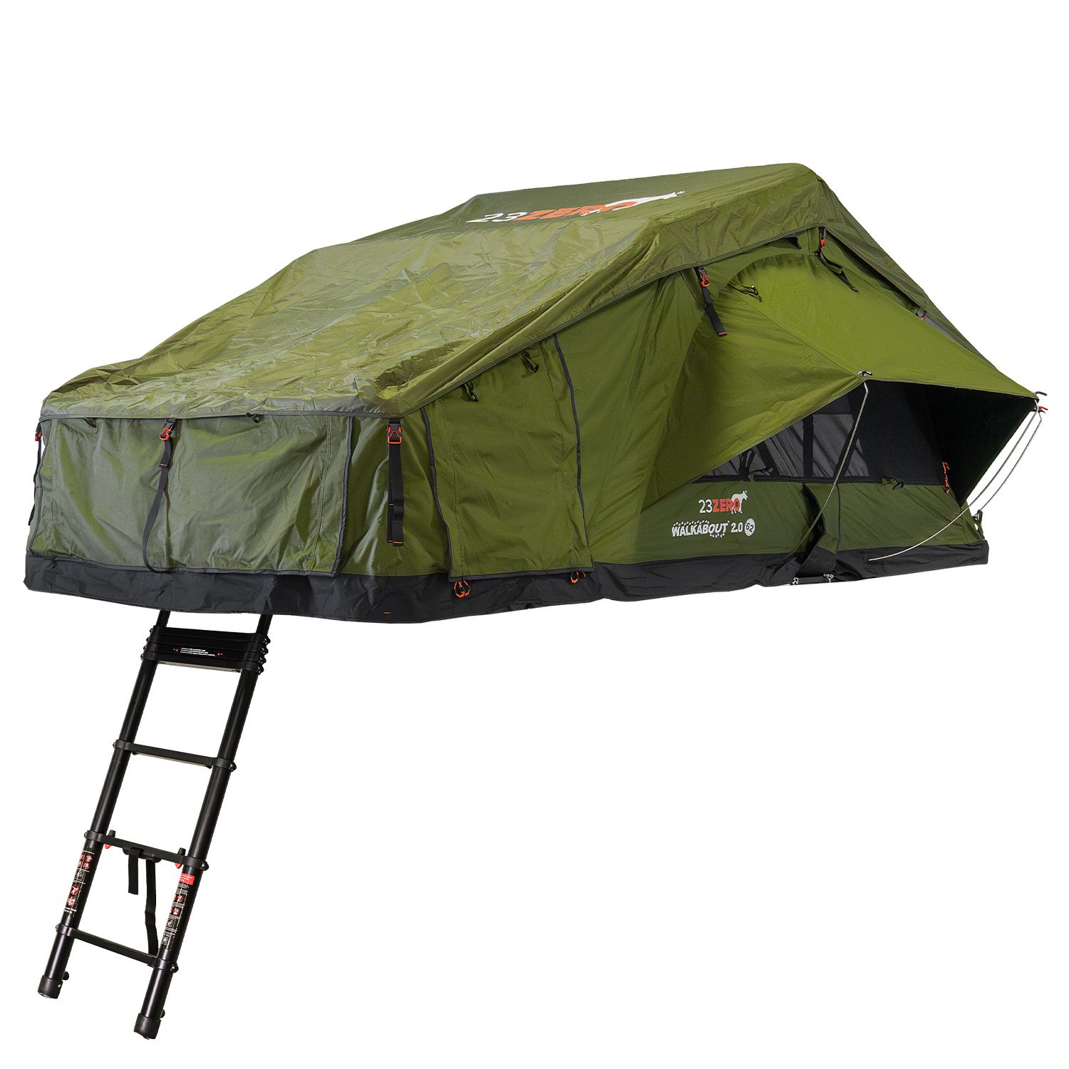23Zero Walkabout 2.0 soft shell rooftop tent deployed left side, available in 56, 62, and 72 sizes