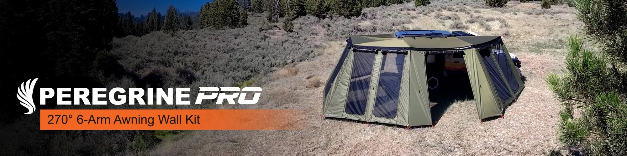 23Zero Peregrine Pro 270° 6-Arm Awning Wall Kit Deployed In Mountain Terrain Promotional Banner
