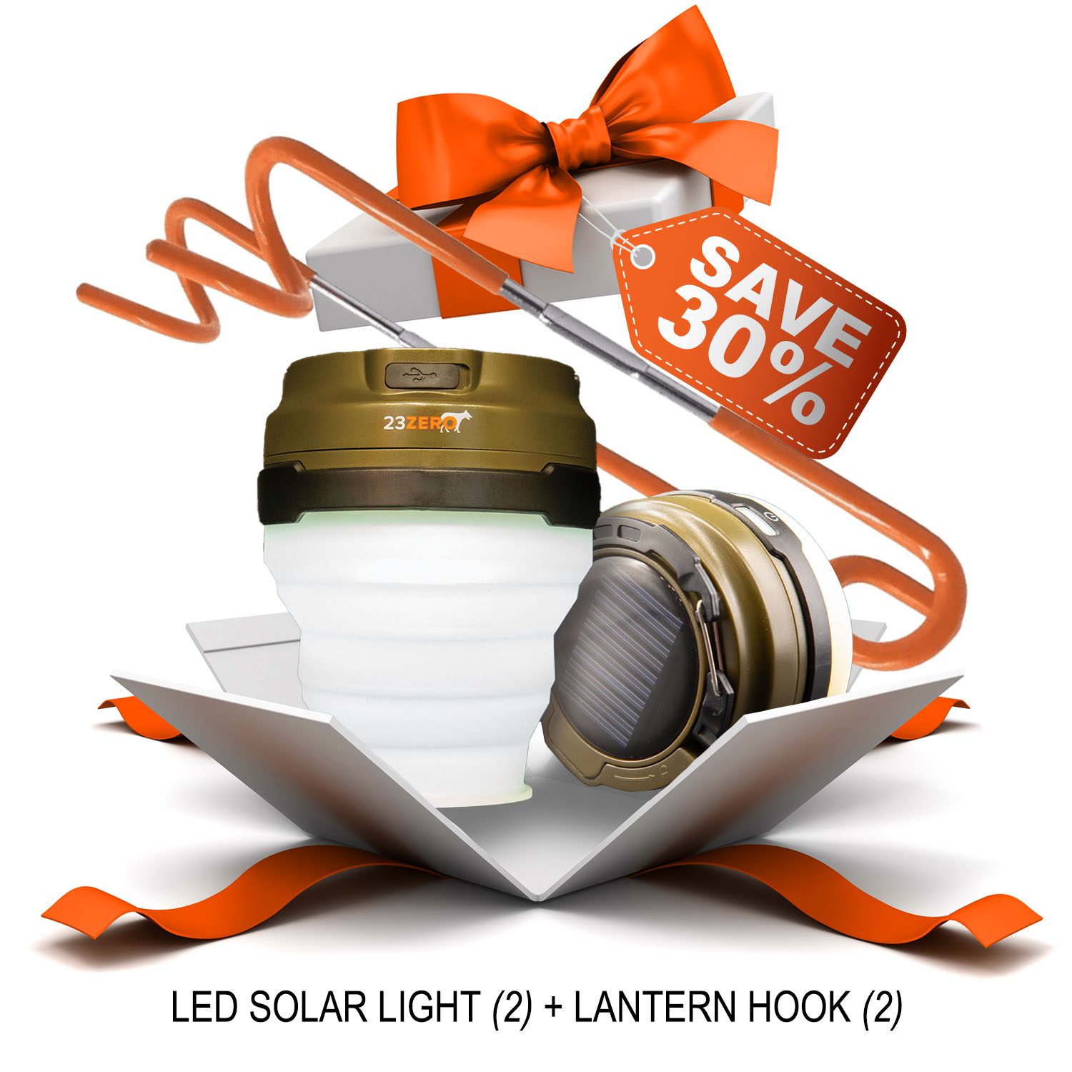 23Zero 23 Day's of Christmas 30% Off Lights - LED Solar Light (2) + Lantern Hooks (2)