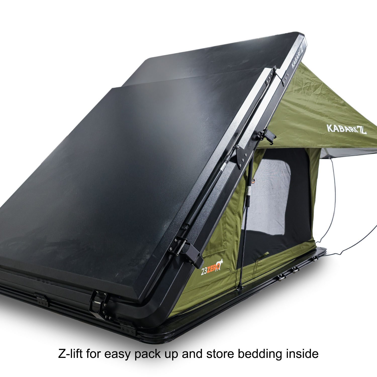 Kabari Z Aluminum Z-Lift Hard Shell Roof Tent Exterior View Z Lift For Easy Pack Up And Bedding Storage