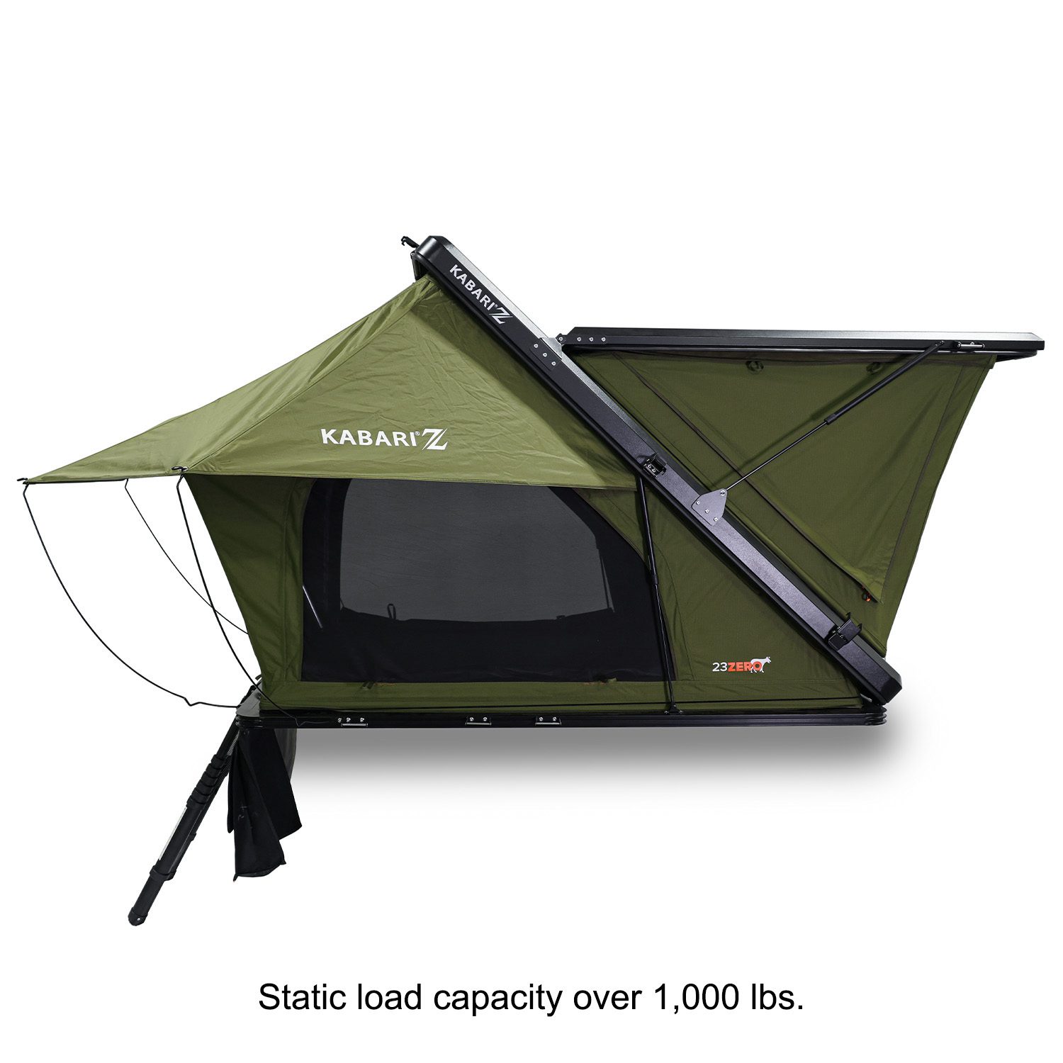 Kabari Z Aluminum Z-Lift Hard Shell Roof Tent Deployed Side View Static Load Capacity Over 1,000 lbs