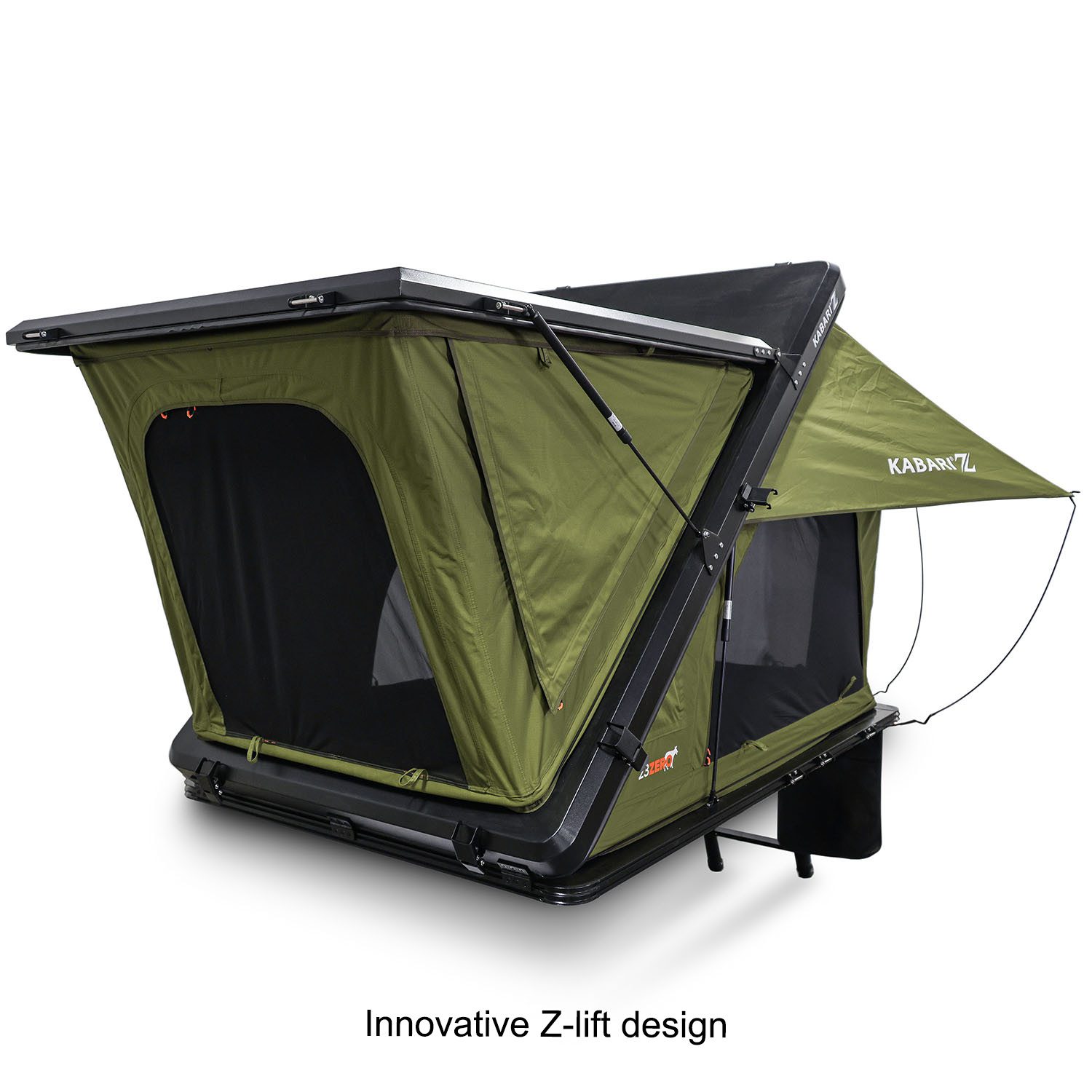 Kabari Z Aluminum Z-Lift Hard Shell Roof Tent Innovative Z-Lift Design Deployed Angled Side View