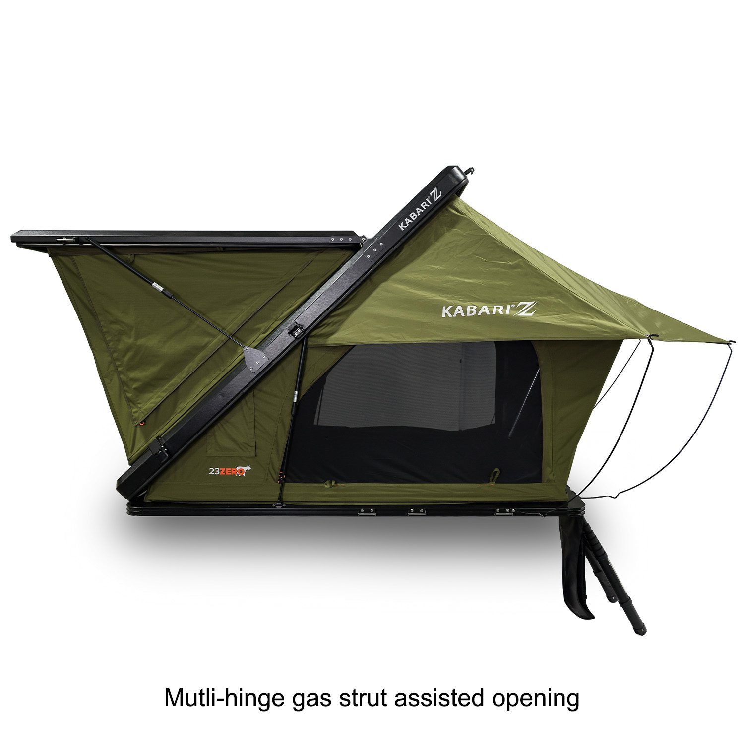 Kabari Z Aluminum Z-Lift Hard Shell Roof Tent Deployed Side View Multi-Hinge Gas Strut Assisted Opening