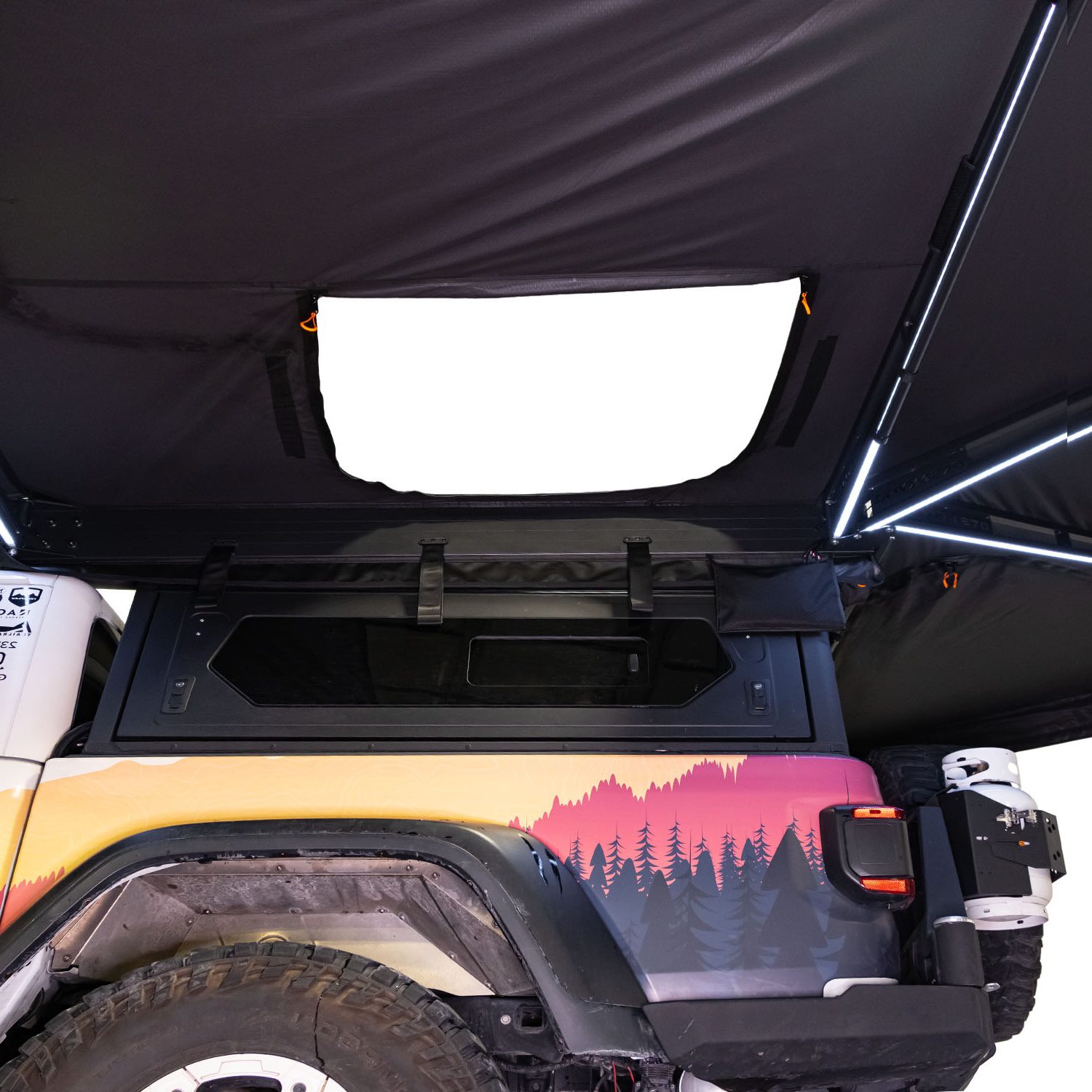 23Zero Onyx 270 Degree 6 Arm Vehicle Awning Deployed Left Side Freestanding Side Pass Through Open