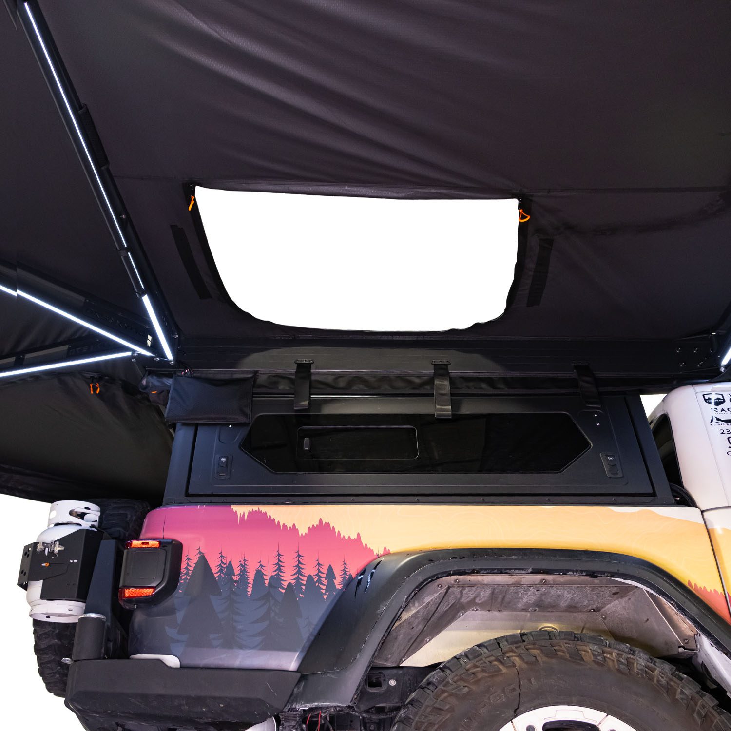 23Zero Onyx 270 Degree 6 Arm Vehicle Awning Deployed Right Side Freestanding Side Pass Through Open