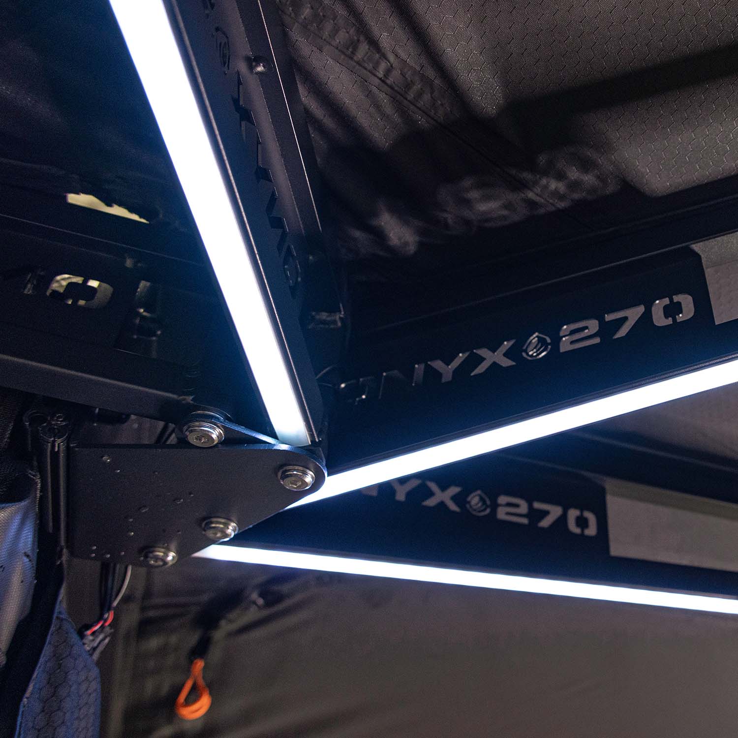 23Zero Onyx 270 Degree 6 Arm Vehicle Awning Deployed Trussed Arms Detail with Onyx 270 Logo