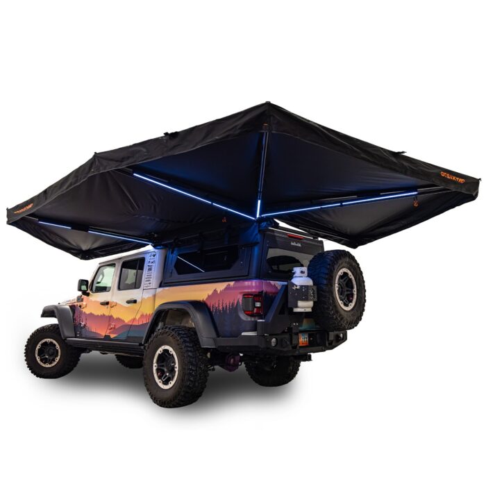 23Zero Onyx 270 Degree 6 Arm Freestanding Vehicle Awning Left Side Deployed on Jeep Gladiator Hero Image
