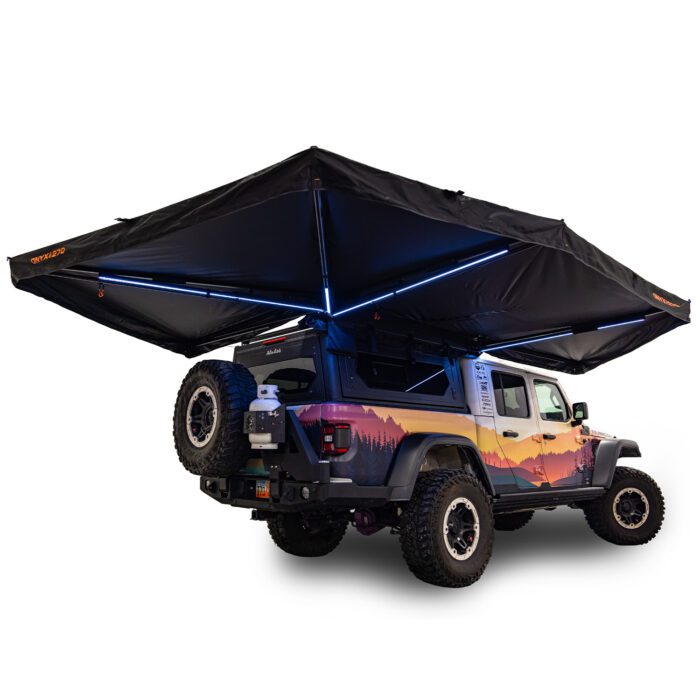 23Zero Onyx 270 Degree 6 Arm Freestanding Vehicle Awning Right Side Deployed on Jeep Gladiator Hero Image