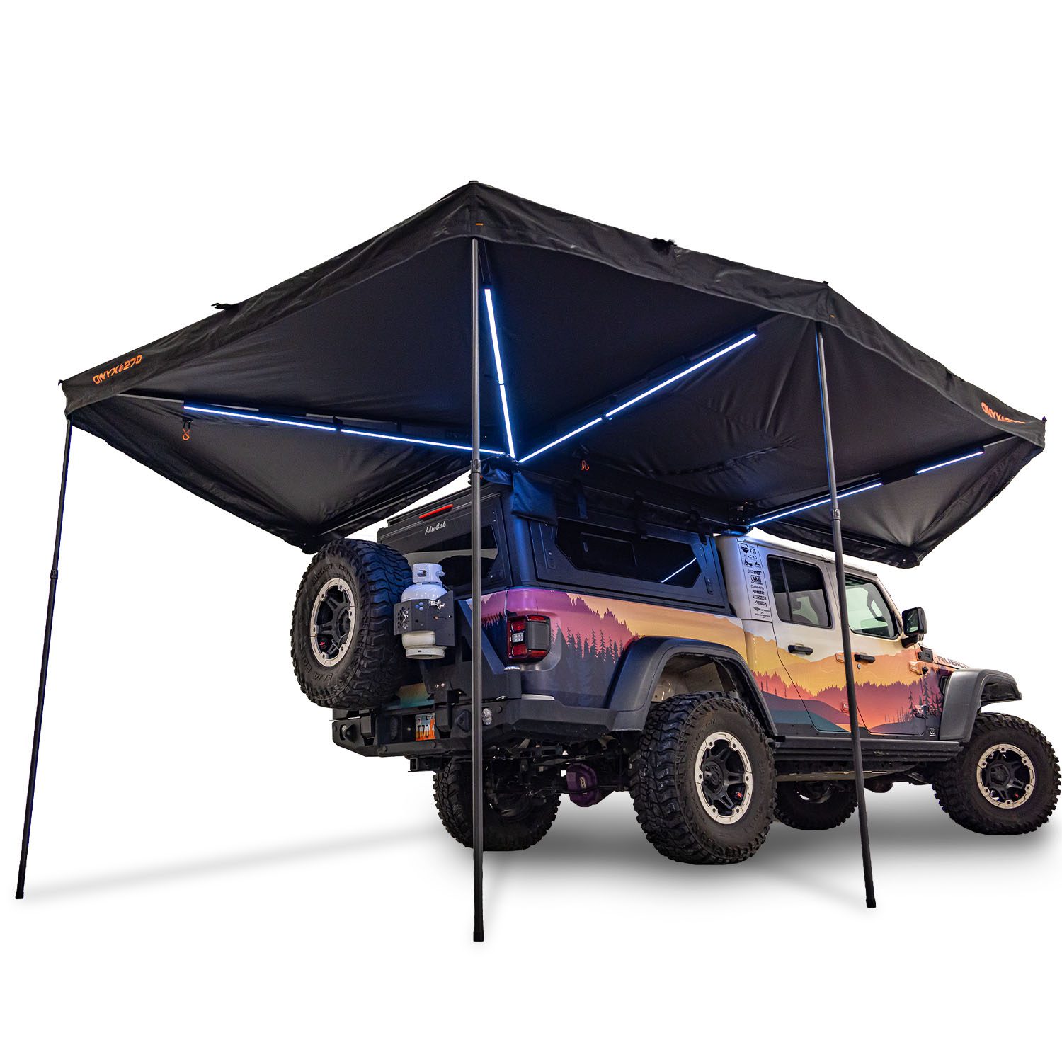 23Zero Onyx 270 Degree 6 Arm Vehicle Awning Deployed Right With Support Poles Extended