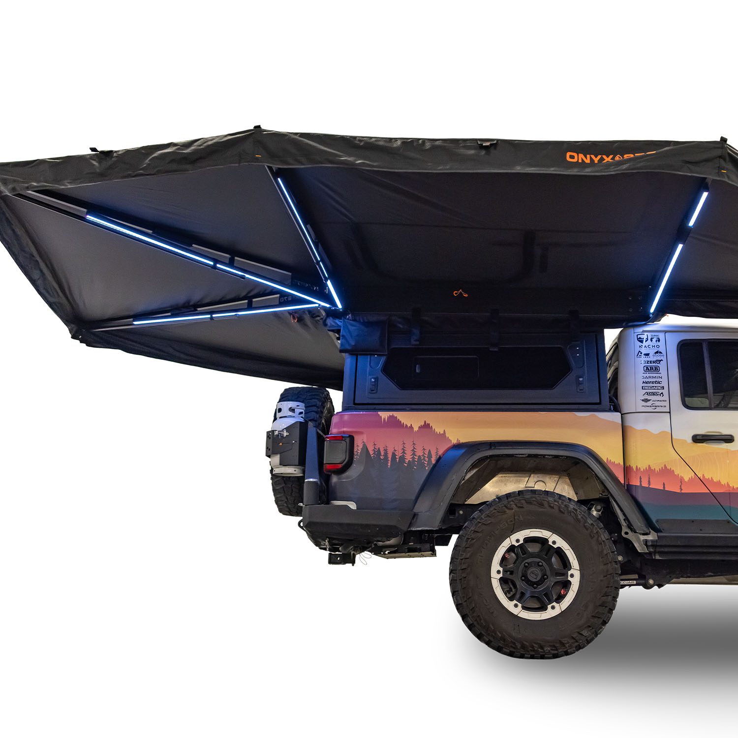 23Zero Onyx 270 Degree 6 Arm Vehicle Awning Deployed Right Freestanding Rear Side View Showing LED Lights