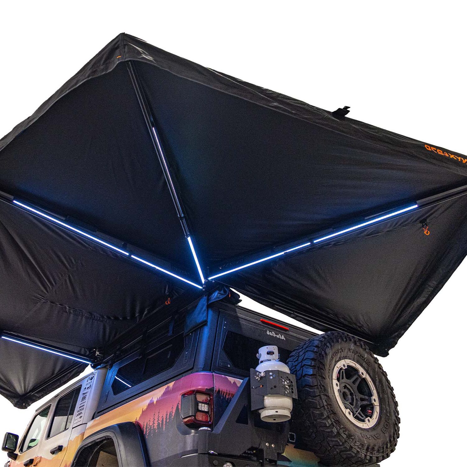 23Zero Onyx 270 Degree 6 Arm Vehicle Awning Deployed Left Freestanding Rear View Truss Arms and LED Lights