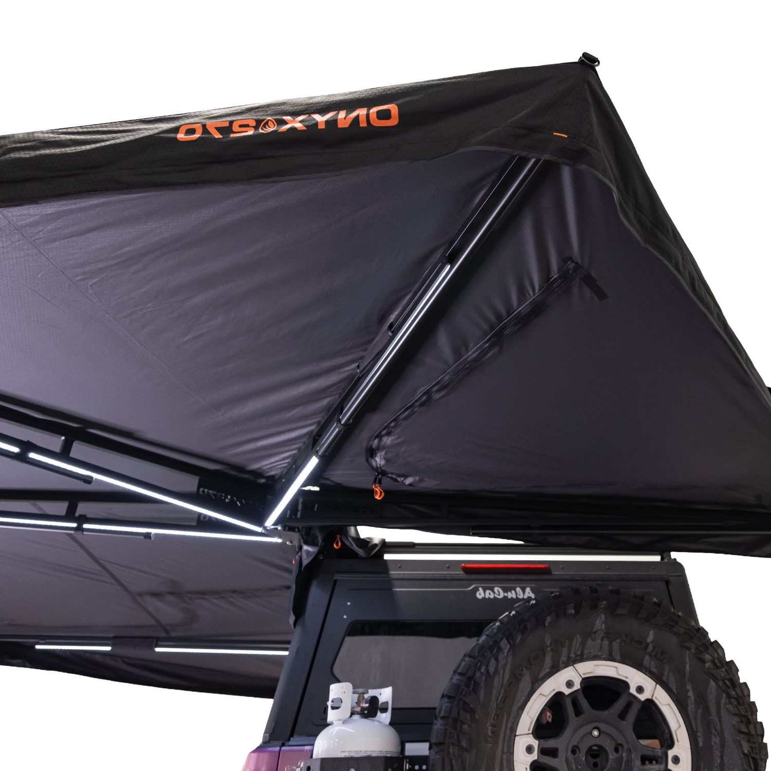 23Zero Onyx 270 Degree 6 Arm Vehicle Awning Deployed Left Side Freestanding Truss Arms and Logo Detail