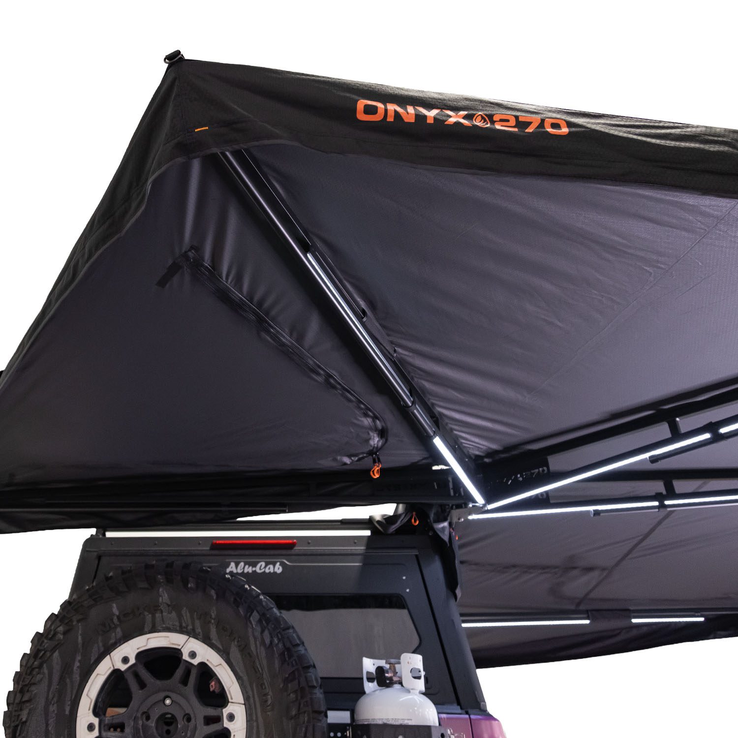 23Zero Onyx 270 Degree 6 Arm Vehicle Awning Deployed Right Side Freestanding Truss Arms and Logo Detail