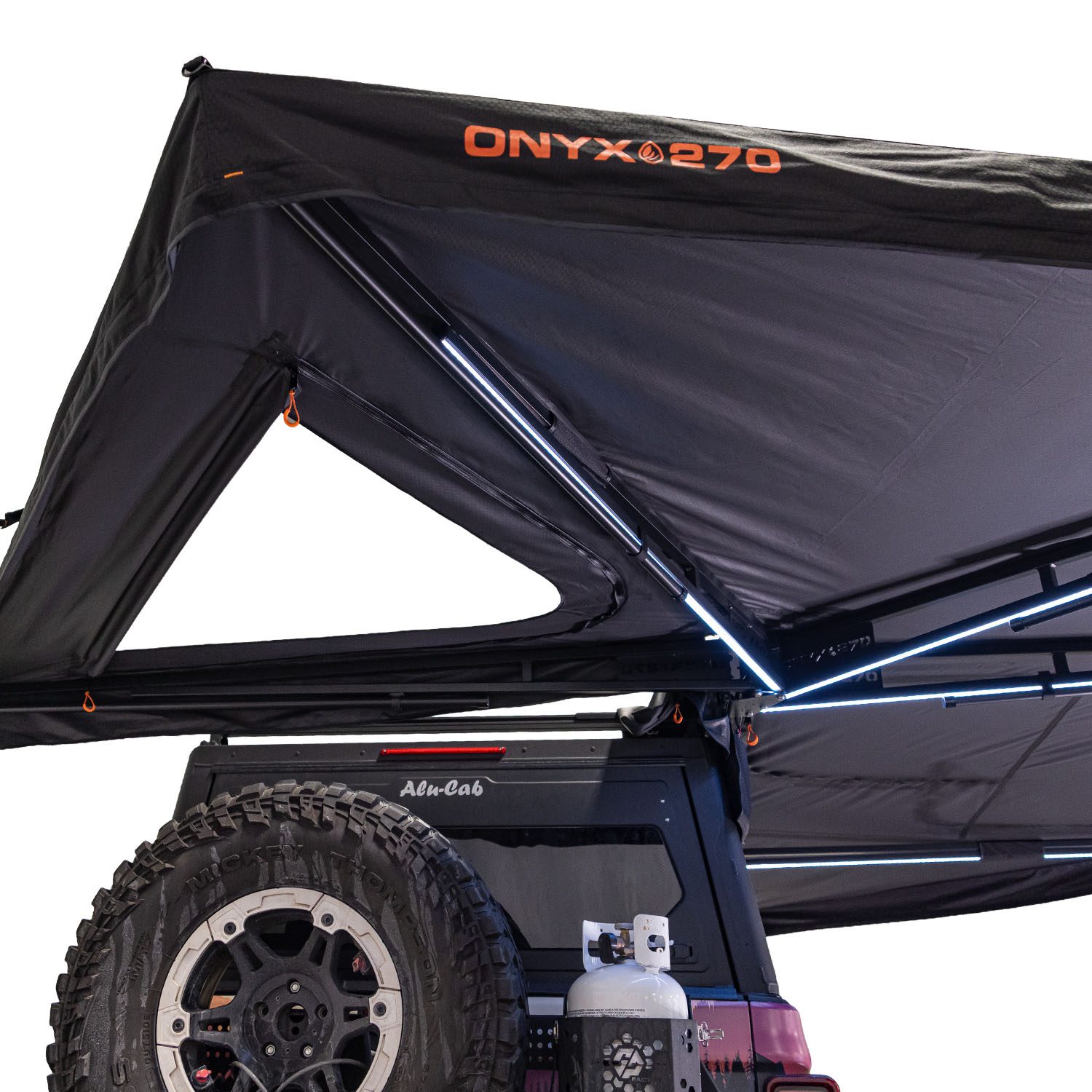 23Zero Onyx 270 Degree 6 Arm Vehicle Awning Deployed Right Side Freestanding Truss Arms and Logo Detail with Rear Pass Through