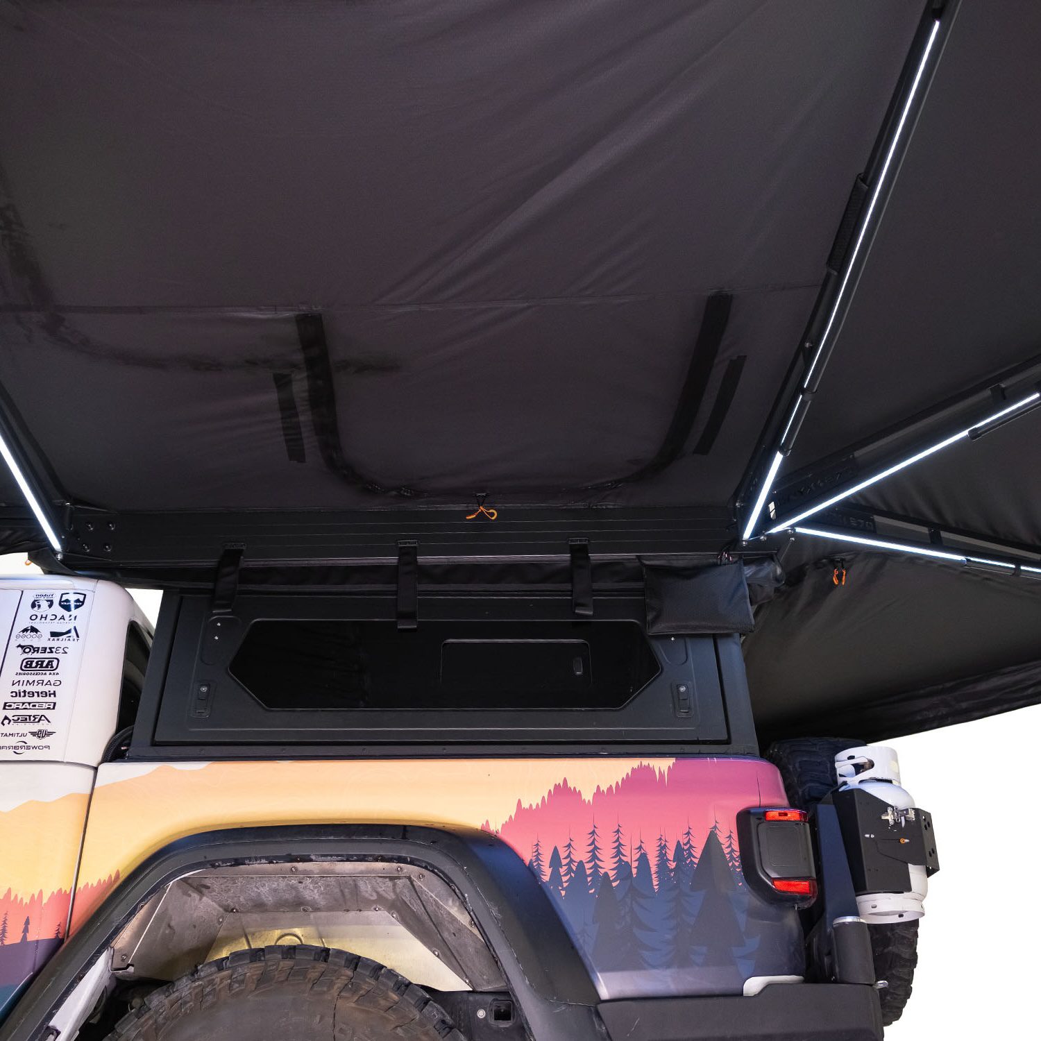 23Zero Onyx 270 Degree 6 Arm Vehicle Awning Deployed Left Side Freestanding Side Pass Through Zipped Closed