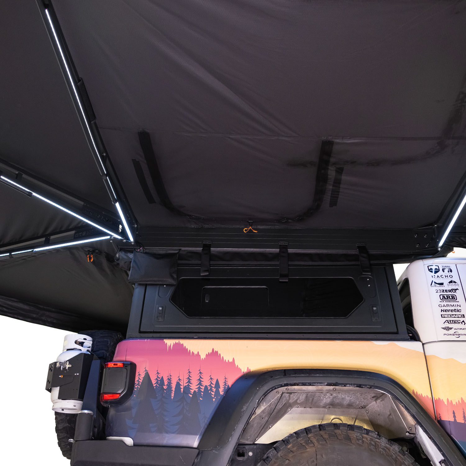 23Zero Onyx 270 Degree 6 Arm Vehicle Awning Deployed Right Side Freestanding Side Pass Through Zipped Closed