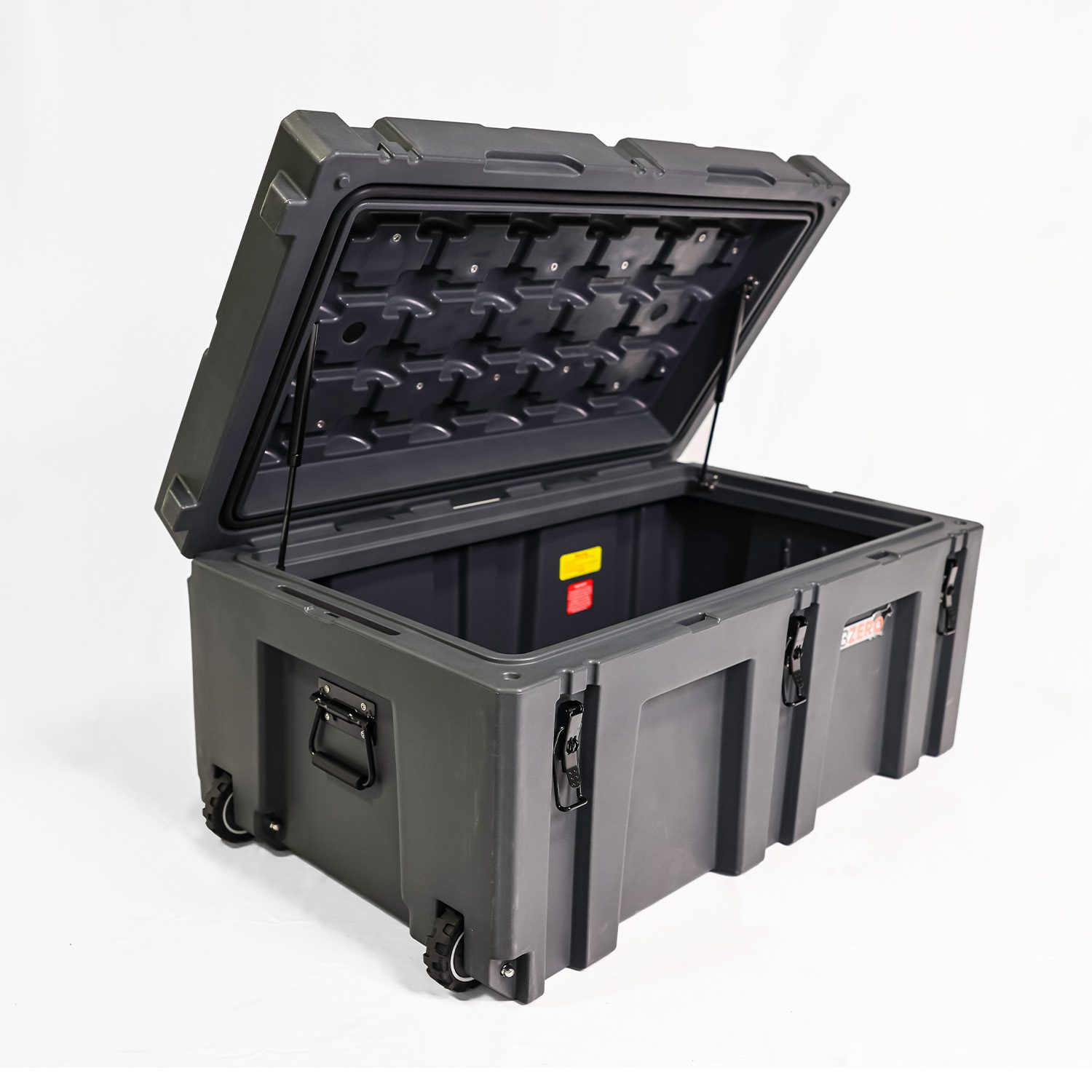 23Zero 220L Overland Gear Box Hero Image Box Opened Showing Gas Assisted Struts Right Angle View