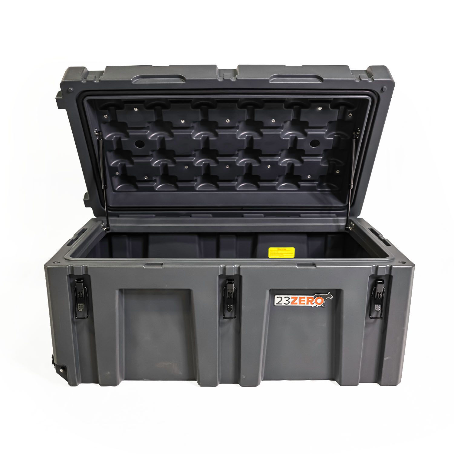 23Zero 220L Overland Gear Box Hero Image Box Opened Showing Gas Assisted Struts Front Angle View