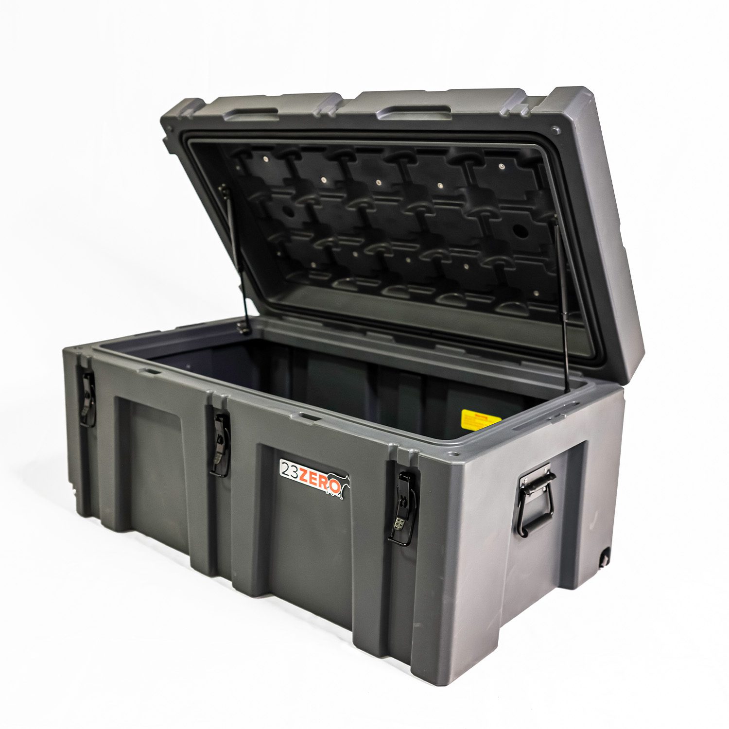 23Zero 220L Overland Gear Box Hero Image Box Opened Showing Gas Assisted Struts Left Angle View