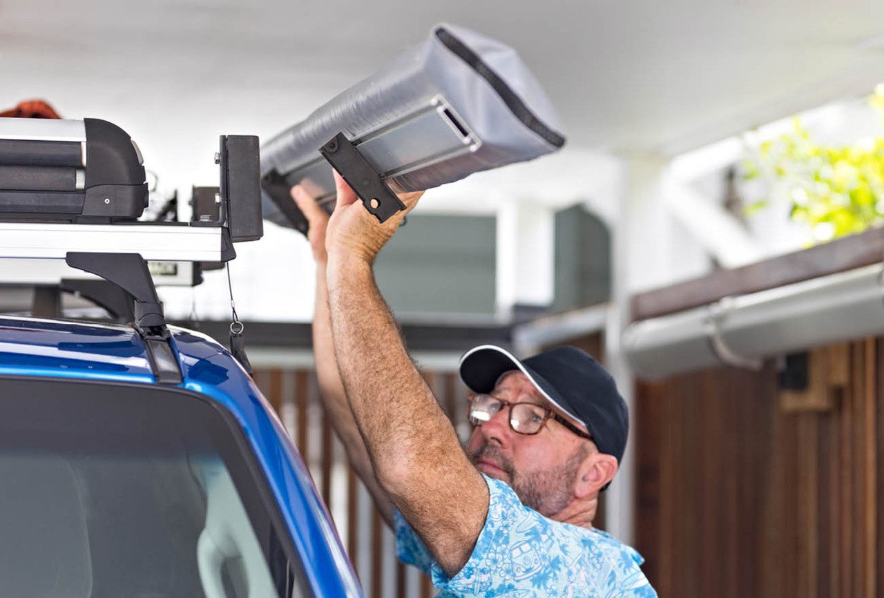 RacksBrax HD Awning Quick Release Hitch Mounted on Vehicle in Action